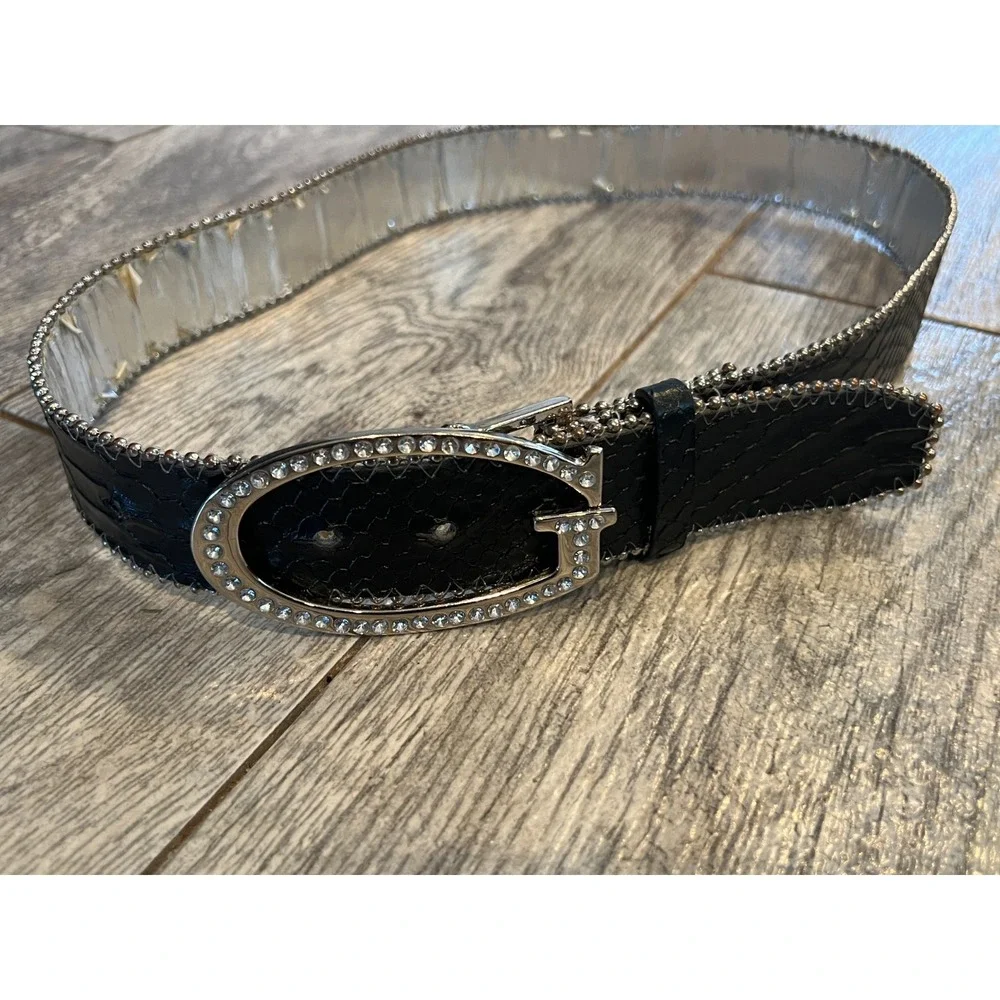 Guess Leather Belt Rhinestone Bling Y2K‎ 90s 80s Studded Buckle Western Black